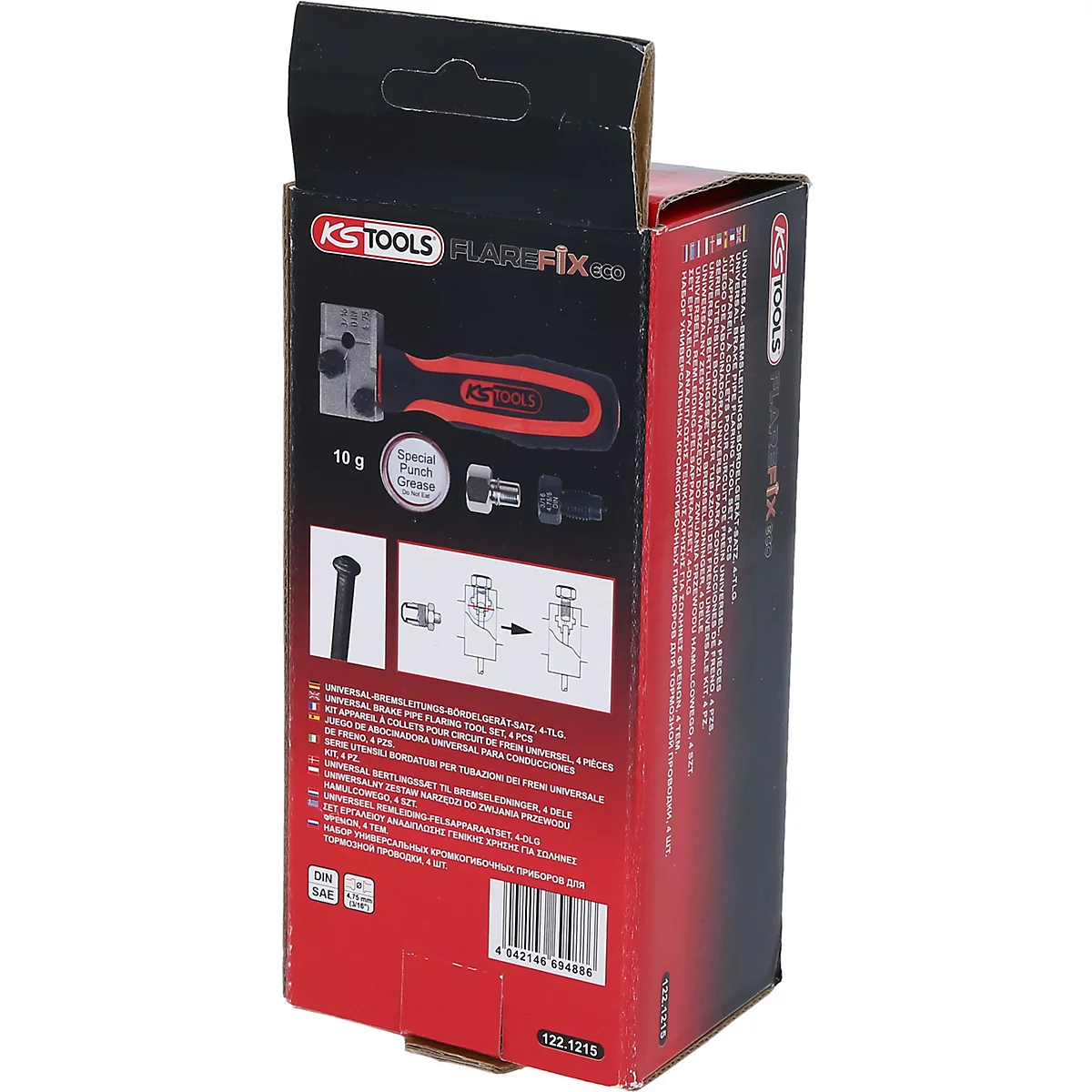 Schachtel mit roter und schwarzer Aufschrift. Aufschrift: KS TOOLS, FLAREFIX eco. Produktbilder und Produktinformationen.